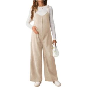 imageOYOANGLE Womens Maternity Wide Leg Overalls U Neck Spaghetti Strap Pregnancy JumpsuitsApricot
