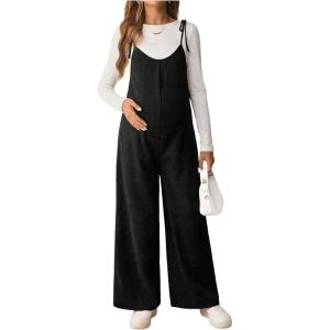 imageOYOANGLE Womens Maternity Wide Leg Overalls U Neck Spaghetti Strap Pregnancy JumpsuitsBlack