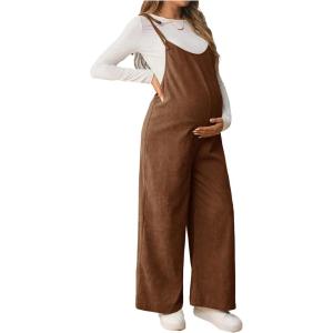 imageOYOANGLE Womens Maternity Wide Leg Overalls U Neck Spaghetti Strap Pregnancy JumpsuitsBrown