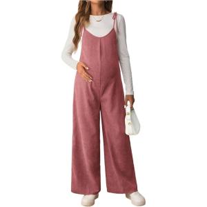 imageOYOANGLE Womens Maternity Wide Leg Overalls U Neck Spaghetti Strap Pregnancy JumpsuitsDusty Pink