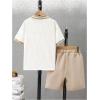 imageOYOANGLE Boys 2 Piece Outfits Textured Collared Neck Short Sleeve T Shirt and Elastic Waist Shorts SetBeige
