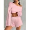 imageOYOANGLE Girls 2 Piece Outfits Long Sleeve V Neck Crop Top and Elastic Waist Track Shorts Workout SetsPink