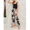 imageOYOANGLE Girls 2 Piece Outfits Sleeveless Crop Tank Top and Floral Belted Pants SetBlack and Apricot