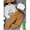 imageOYOANGLE Girls 3 Piece Outfits Crop Cami Top and Belted Cargo Pants Set with High Low Hem Mesh ShirtWhite Brown