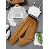 imageOYOANGLE Girls 3 Piece Outfits Crop Cami Top and Belted Cargo Pants Set with High Low Hem Mesh ShirtWhite Brown