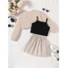 imageOYOANGLE Girls Cute Clothes Letter Graphic Cami Top and Sweatshirts with Pleated Skirts SetKhaki
