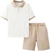 imageOYOANGLE Boys 2 Piece Outfits Textured Collared Neck Short Sleeve T Shirt and Elastic Waist Shorts SetBeige