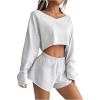 imageOYOANGLE Girls 2 Piece Outfits Long Sleeve V Neck Crop Top and Elastic Waist Track Shorts Workout SetsGrey