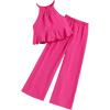 imageOYOANGLE Girls 2 Piece Outfits Ruffle Sleeveless halter Top and Wide Leg Pants SetHot Pink