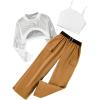 imageOYOANGLE Girls 3 Piece Outfits Crop Cami Top and Belted Cargo Pants Set with High Low Hem Mesh ShirtWhite Brown