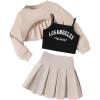 imageOYOANGLE Girls Cute Clothes Letter Graphic Cami Top and Sweatshirts with Pleated Skirts SetKhaki