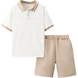 imageOYOANGLE Boys 2 Piece Outfits Textured Collared Neck Short Sleeve T Shirt and Elastic Waist Shorts SetBeige
