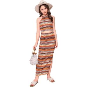 imageOYOANGLE Girls 2 Piece Outfits Boho Geo Print Sleeveless Halter Top and Slit Skirt SetMulticolor