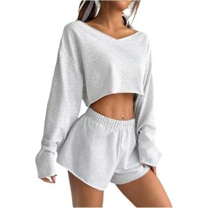 imageOYOANGLE Girls 2 Piece Outfits Long Sleeve V Neck Crop Top and Elastic Waist Track Shorts Workout SetsGrey