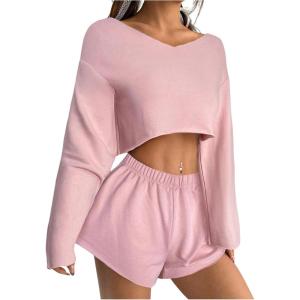 imageOYOANGLE Girls 2 Piece Outfits Long Sleeve V Neck Crop Top and Elastic Waist Track Shorts Workout SetsPink