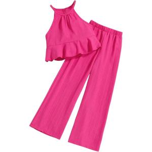 imageOYOANGLE Girls 2 Piece Outfits Ruffle Sleeveless halter Top and Wide Leg Pants SetHot Pink