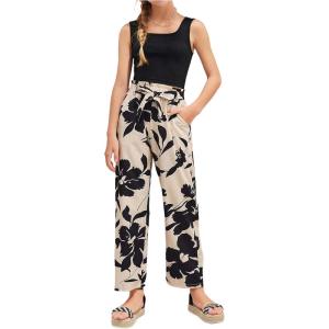 imageOYOANGLE Girls 2 Piece Outfits Sleeveless Crop Tank Top and Floral Belted Pants SetBlack and Apricot