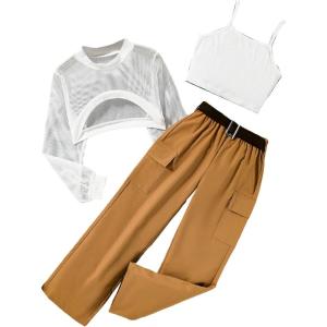 imageOYOANGLE Girls 3 Piece Outfits Crop Cami Top and Belted Cargo Pants Set with High Low Hem Mesh ShirtWhite Brown