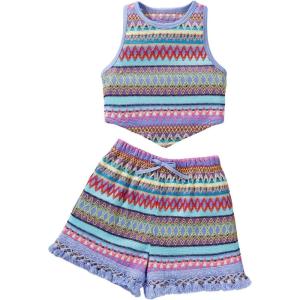 imageOYOANGLE Girls Boho Tribal Print Color Block Tank Top and Shorts Summer Vacation OutfitsBlue and Purple