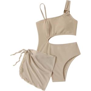 imageOYOANGLE Girls Cut Out One Piece Swimsuit with Knot Side Beach Skirt Cover Up SwimwearKhaki
