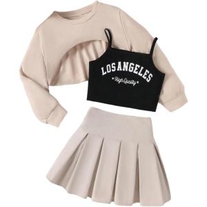 imageOYOANGLE Girls Cute Clothes Letter Graphic Cami Top and Sweatshirts with Pleated Skirts SetKhaki