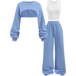 imageOYOANGLE Girls Sweatsuit Set Ribbed Tank Top and Cropped Hoodie with Sweatpants 3 Piece Workout OutfitsBlue