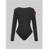imageOYOANGLE Womens 3D Floral Long Sleeve Bodysuit Crew Neck Slimming Tshirt BodysuitsBlack