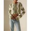 imageOYOANGLE Womens Color Block Striped Crochet Cardigan Sweater Button Up Long Sleeve Crop Knit TopsGreen and Beige