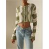 imageOYOANGLE Womens Color Block Striped Crochet Cardigan Sweater Button Up Long Sleeve Crop Knit TopsGreen and Beige