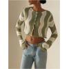 imageOYOANGLE Womens Color Block Striped Crochet Cardigan Sweater Button Up Long Sleeve Crop Knit TopsGreen and Beige