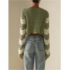 imageOYOANGLE Womens Color Block Striped Crochet Cardigan Sweater Button Up Long Sleeve Crop Knit TopsGreen and Beige