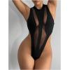 imageOYOANGLE Womens Contrast Mesh Sleeveless Tank Top Bodysuit High Cut Slim Fitted Party Club Rave Body SuitsBlack
