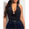 imageOYOANGLE Womens Draped Halter Bodysuits Sleeveless Backless Slim Fit Tank Top BodysuitBlack
