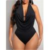 imageOYOANGLE Womens Draped Halter Bodysuits Sleeveless Backless Slim Fit Tank Top BodysuitBlack