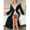 imageOYOANGLE Womens Hooded Long Robe Elegant Sexy Lace Patchwork Sleepwear Vacation Bride Wedding RobesBlack