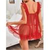 imageOYOANGLE Womens Lingerie Set 2 Piece Mesh Lace Sheer Chemise and G String Babydoll NightwearRed
