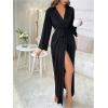imageOYOANGLE Womens Long Robes Kimono Elegant Lightweight Knit V Neck Bathrobe Soft Sleepwear Casual Bath RobeBlack