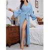 imageOYOANGLE Womens Long Robes Kimono Elegant Lightweight Knit V Neck Bathrobe Soft Sleepwear Casual Bath RobeBlue