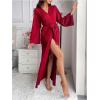 imageOYOANGLE Womens Long Robes Kimono Elegant Lightweight Knit V Neck Bathrobe Soft Sleepwear Casual Bath RobeRed