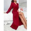 imageOYOANGLE Womens Long Robes Kimono Elegant Lightweight Knit V Neck Bathrobe Soft Sleepwear Casual Bath RobeRed