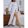 imageOYOANGLE Womens Long Robes Kimono Elegant Lightweight Knit V Neck Bathrobe Soft Sleepwear Casual Bath RobeWhite