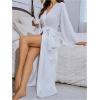 imageOYOANGLE Womens Long Robes Kimono Elegant Lightweight Knit V Neck Bathrobe Soft Sleepwear Casual Bath RobeWhite