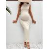 imageOYOANGLE Womens Maternity Mock Neck Sleeveless Ruched Dress Pregnancy Bodycon Maxi Tank Dresses Baby Shower PhotoshootApricot