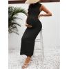 imageOYOANGLE Womens Maternity Mock Neck Sleeveless Ruched Dress Pregnancy Bodycon Maxi Tank Dresses Baby Shower PhotoshootBlack