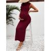 imageOYOANGLE Womens Maternity Mock Neck Sleeveless Ruched Dress Pregnancy Bodycon Maxi Tank Dresses Baby Shower PhotoshootBurgundy