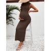 imageOYOANGLE Womens Maternity Mock Neck Sleeveless Ruched Dress Pregnancy Bodycon Maxi Tank Dresses Baby Shower PhotoshootCoffee Brown