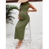 imageOYOANGLE Womens Maternity Mock Neck Sleeveless Ruched Dress Pregnancy Bodycon Maxi Tank Dresses Baby Shower PhotoshootGreen