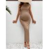 imageOYOANGLE Womens Maternity Mock Neck Sleeveless Ruched Dress Pregnancy Bodycon Maxi Tank Dresses Baby Shower PhotoshootKhaki