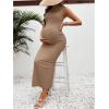 imageOYOANGLE Womens Maternity Mock Neck Sleeveless Ruched Dress Pregnancy Bodycon Maxi Tank Dresses Baby Shower PhotoshootKhaki