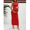 imageOYOANGLE Womens Maternity Mock Neck Sleeveless Ruched Dress Pregnancy Bodycon Maxi Tank Dresses Baby Shower PhotoshootRed